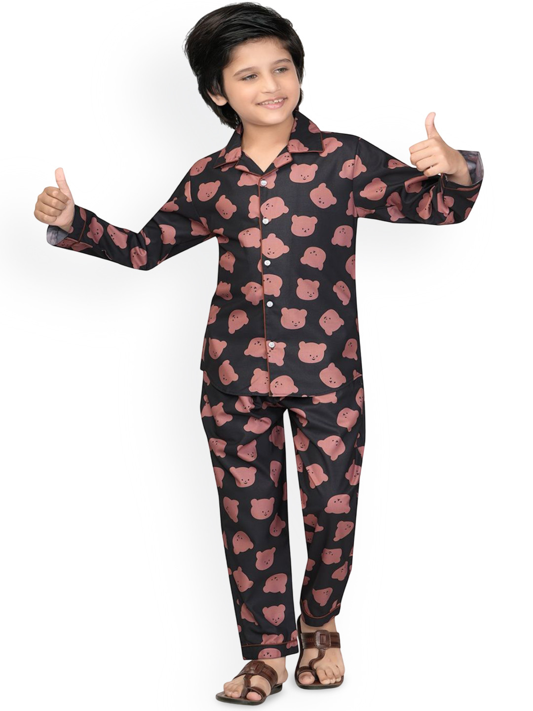 BAESD Boys Cute Bear Printed Shirt & Pyjama Night suit