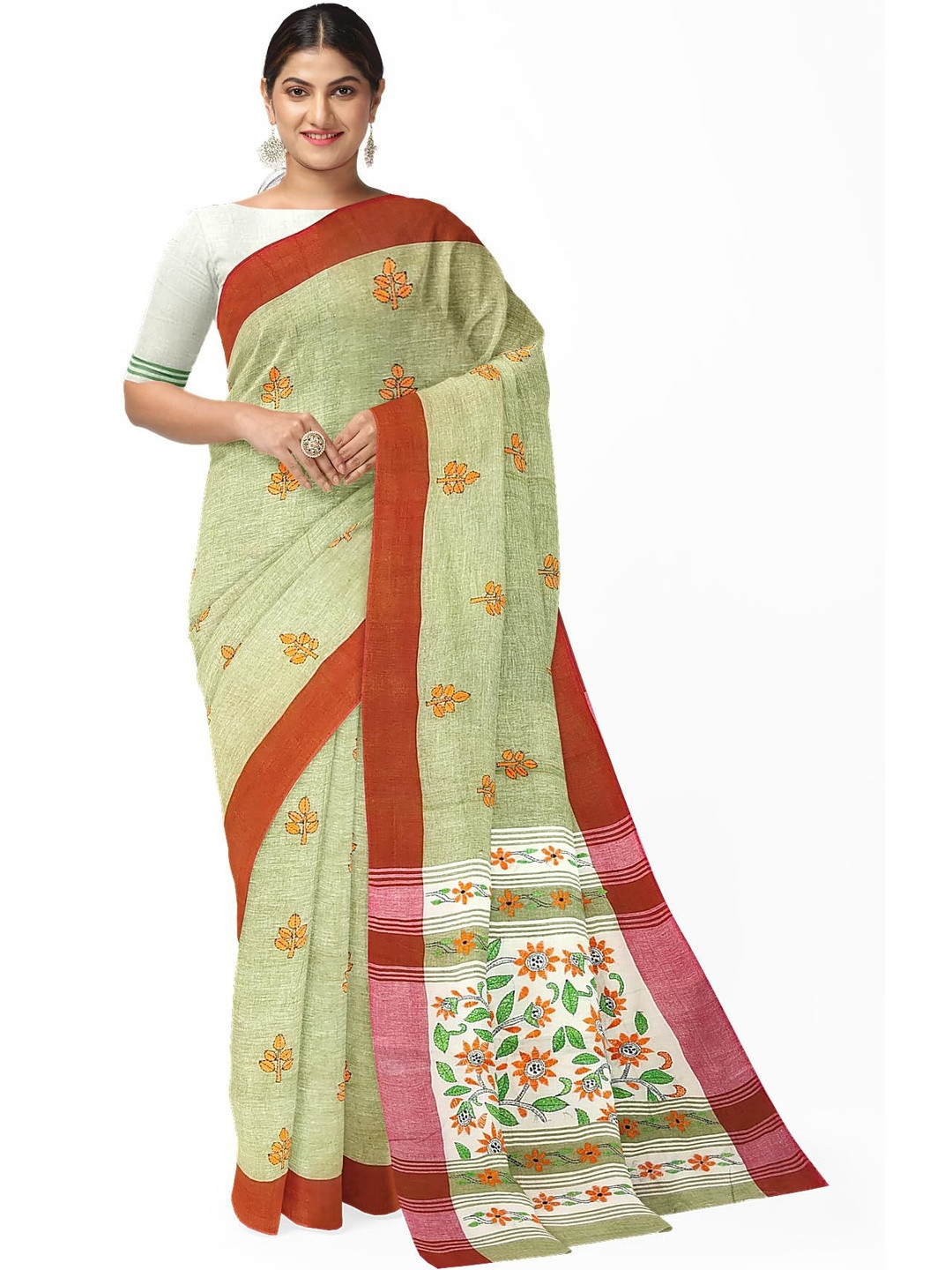 SOUL OF BENGAL Floral Embroidered Kantha Work Pure Cotton Saree