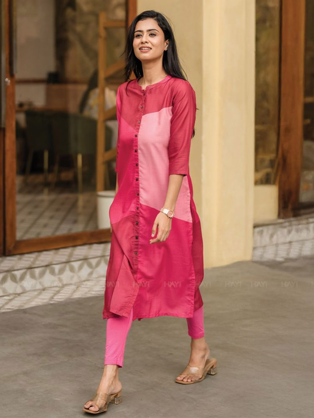 HAY Women Colourblocked Printed Linen Straight Kurta