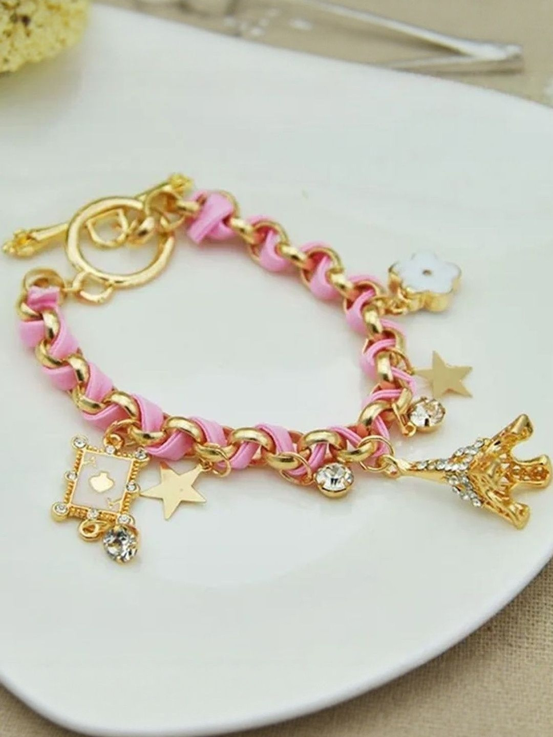 DressBerry Women Pink Studded Eiffel Tower Star Charms Adjustable Bracelet
