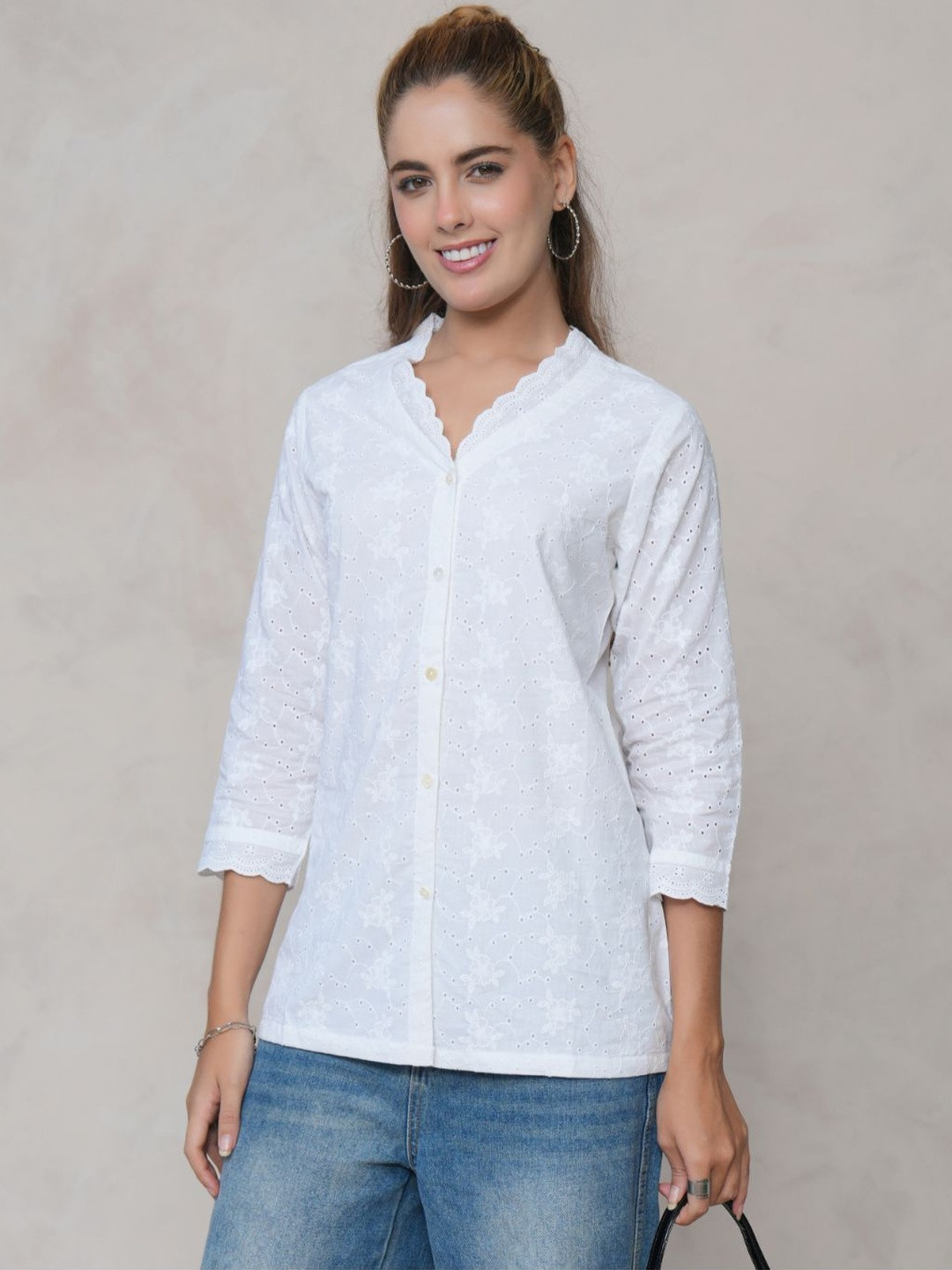 Zolo Label Womens White Cotton Embroidered Shirt