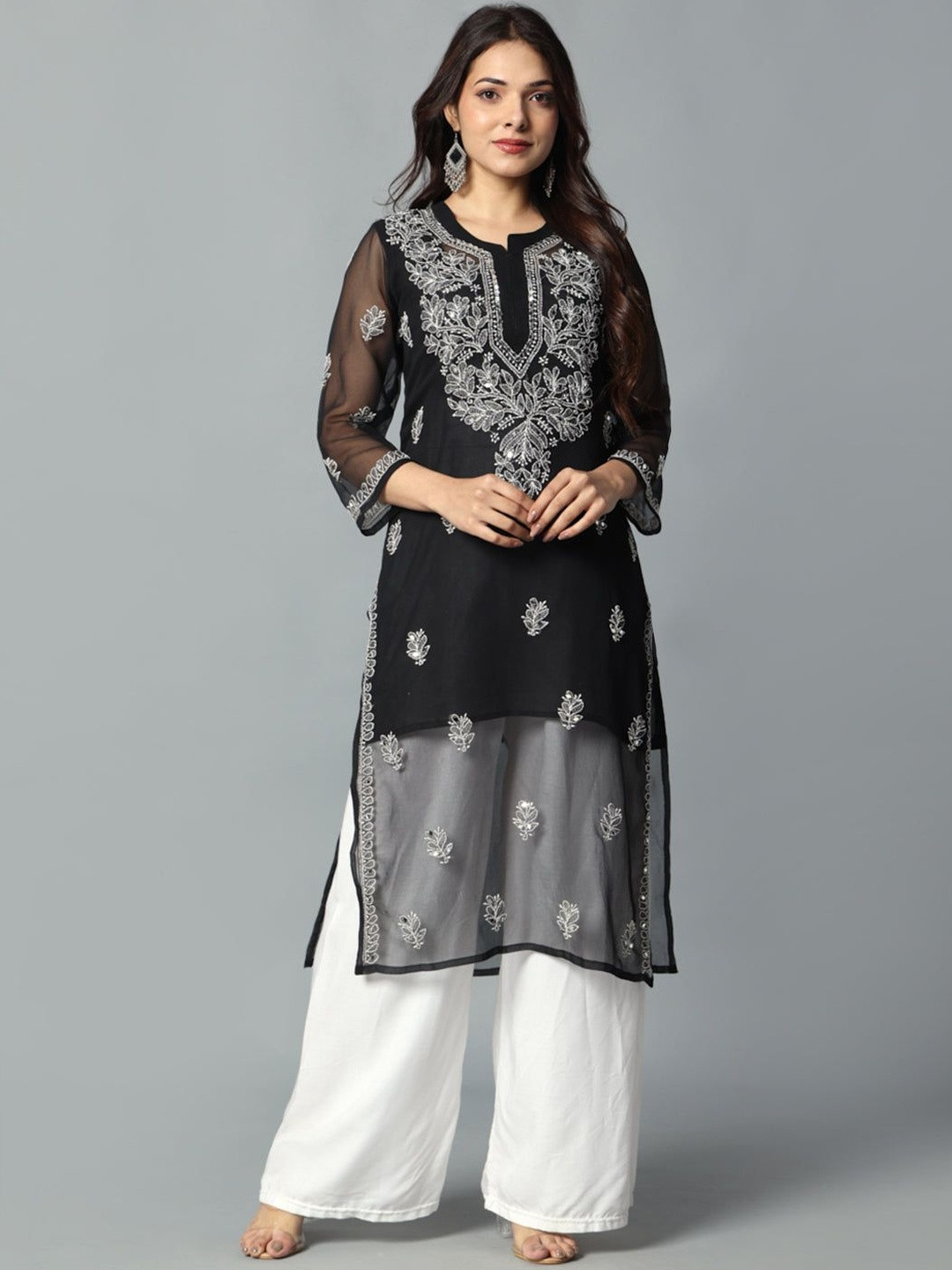 MALABIS Gulbarg Chikankari Straight Kurti With Mirror Work & Matching Cotton Inner
