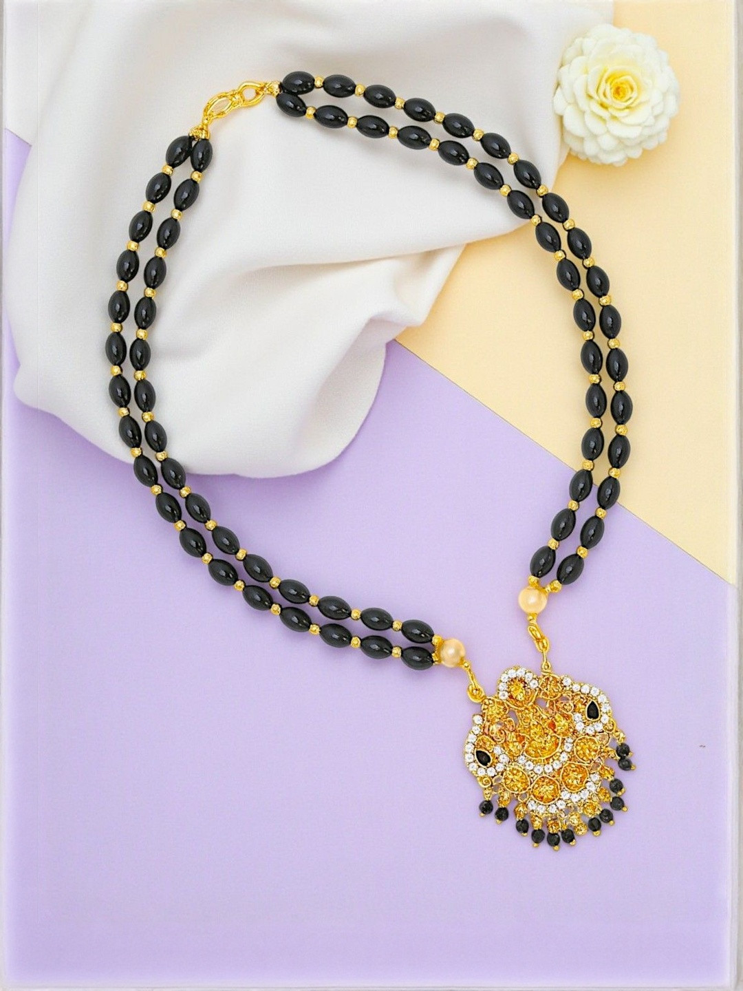 AccessHer Women's Elegant Black Bead Necklace & Gold-Plated Pendant Earrings Set