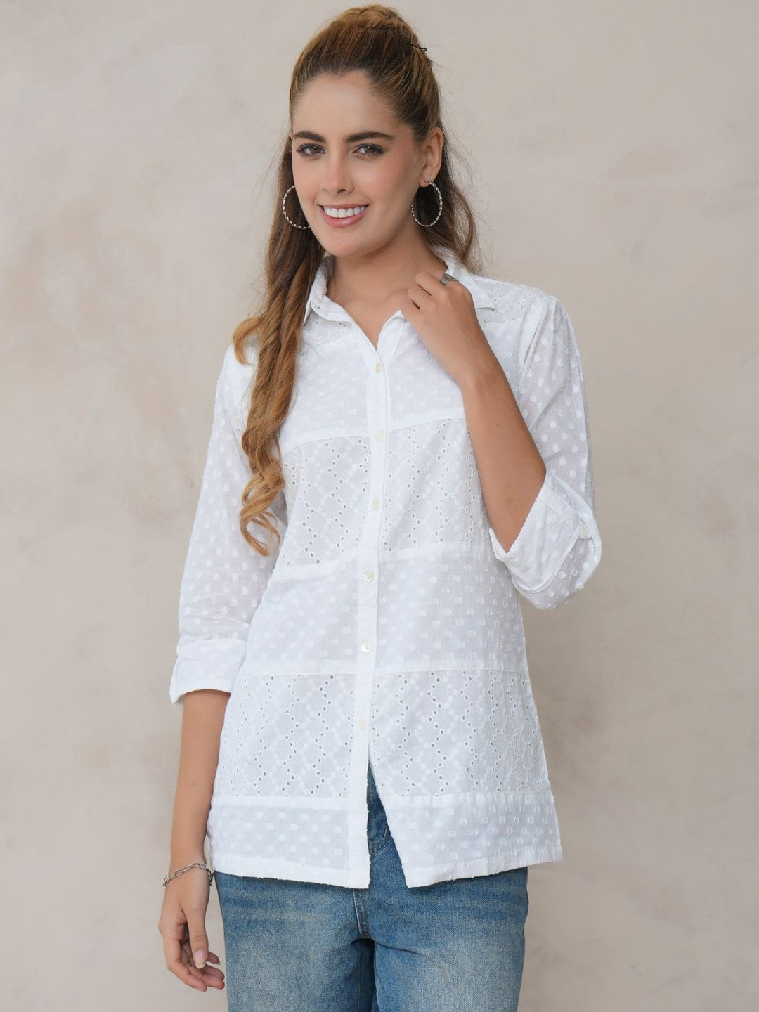 Zolo Label Womens White Cotton Embroidered Shirt