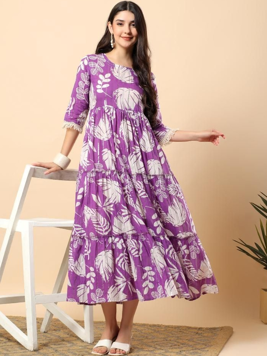 Angkor Floral Printed Round Neck Three-Quarter Sleeves Anarkali Kurta