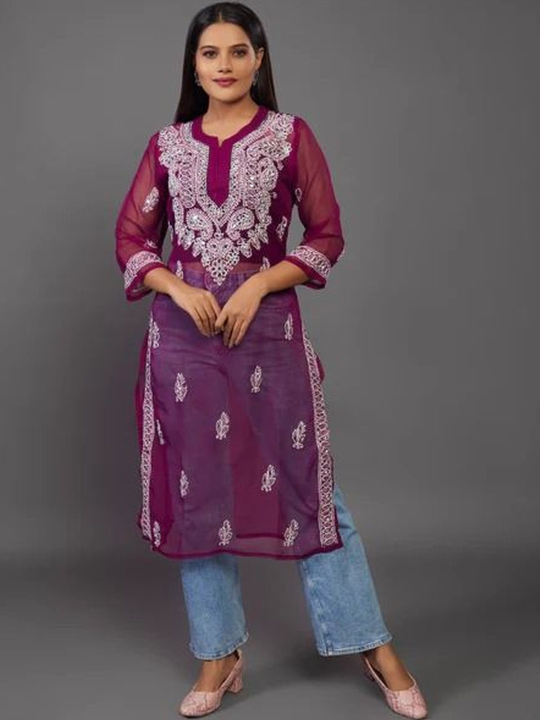 MALABIS Women Maroon & Wine Embroidered Mirror Work Georgette Kurta & Cotton Inner