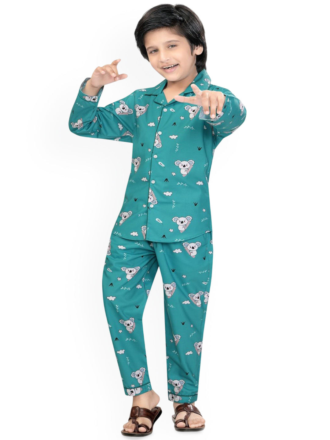 BAESD Boys Cute Bear Printed Shirt & Pyjamas Night suit