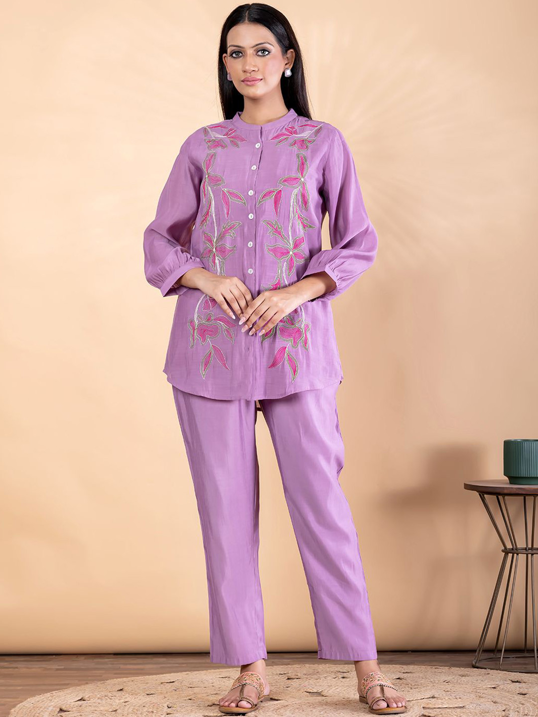 Readiprint Women Embroidered Round Neck Curved Style Tunic & Trousers Co-Ord Set