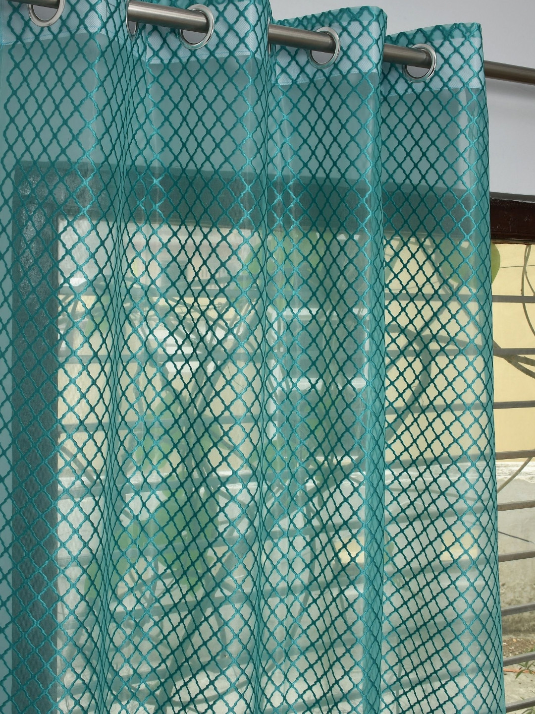 GEET CREATIONS Blue 2 Pieces Self Design Sheer Net Door Curtains