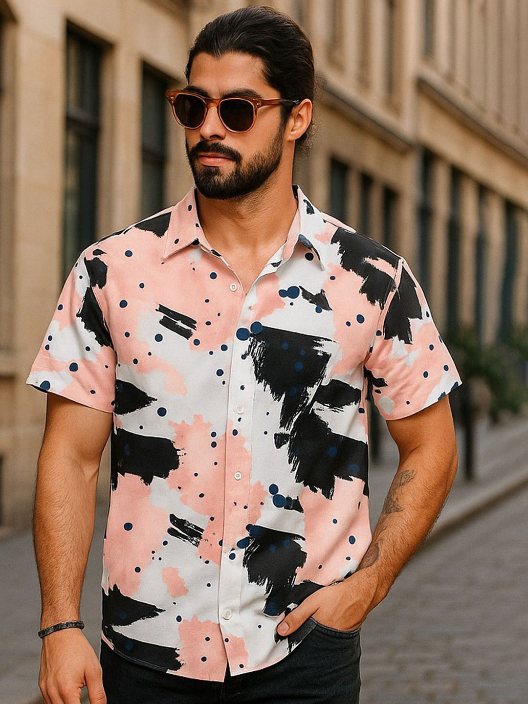 Pink & White Abstract Print Casual Shirt
