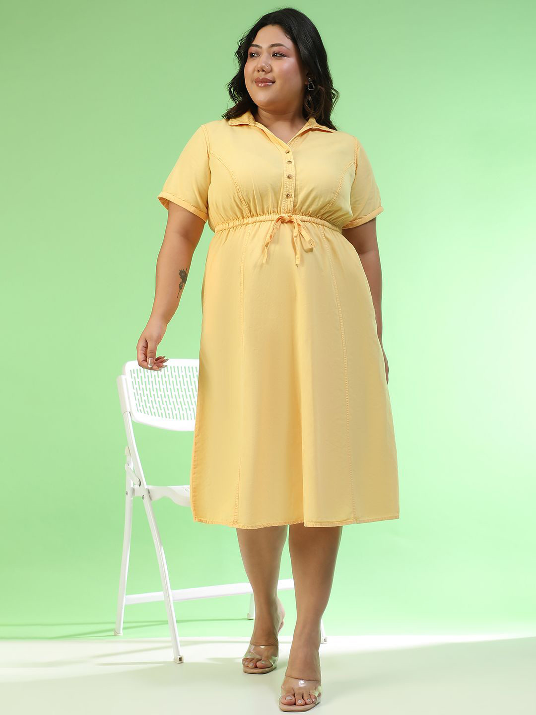 Oxolloxo Women Plus Size Collared Short Sleeve Tie-Up Cotton Empire Midi Dress