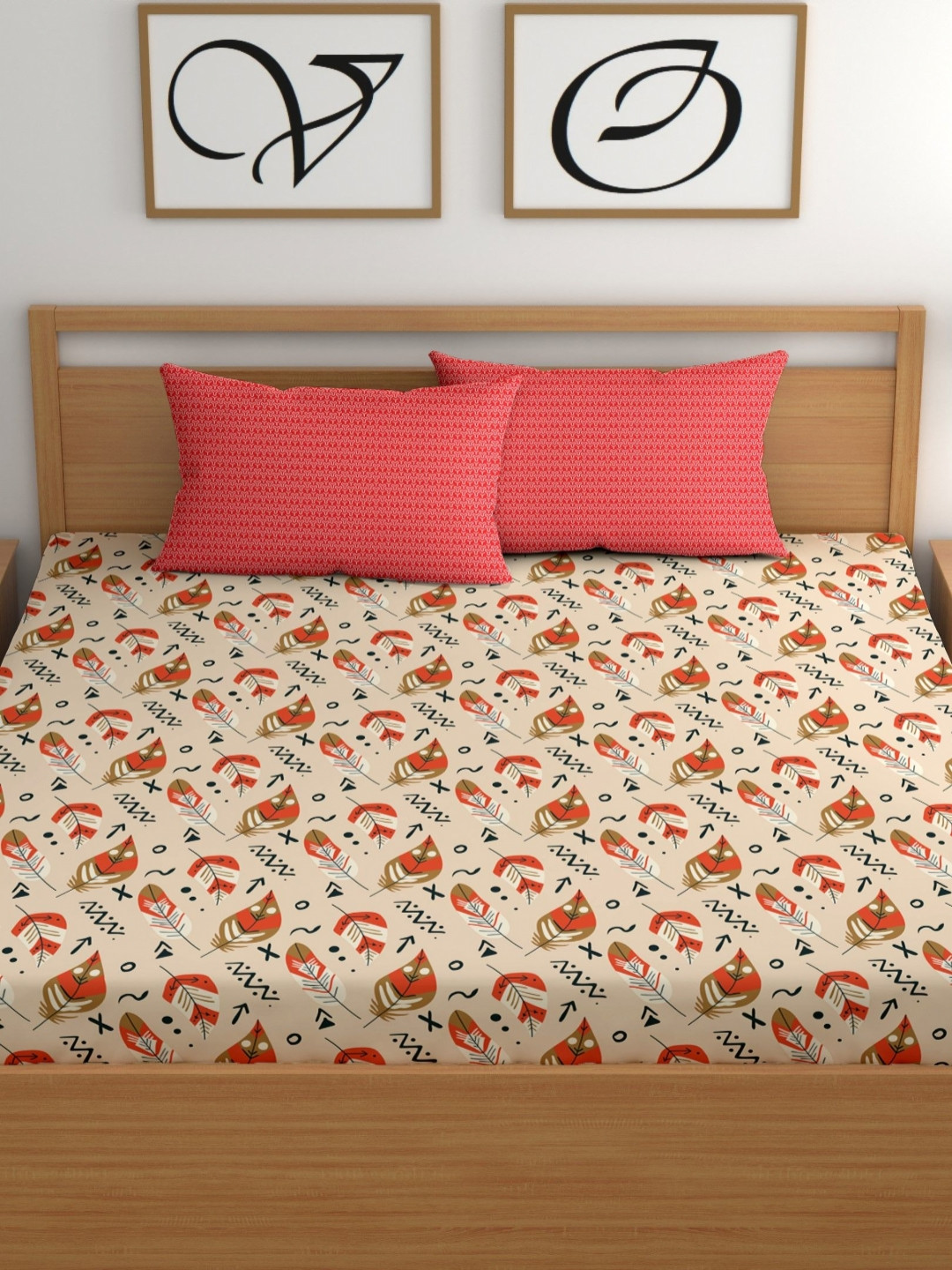 CG HOMES Beige Floral Printed Cotton Double Bedsheet Set 1.83 m x1.83 m