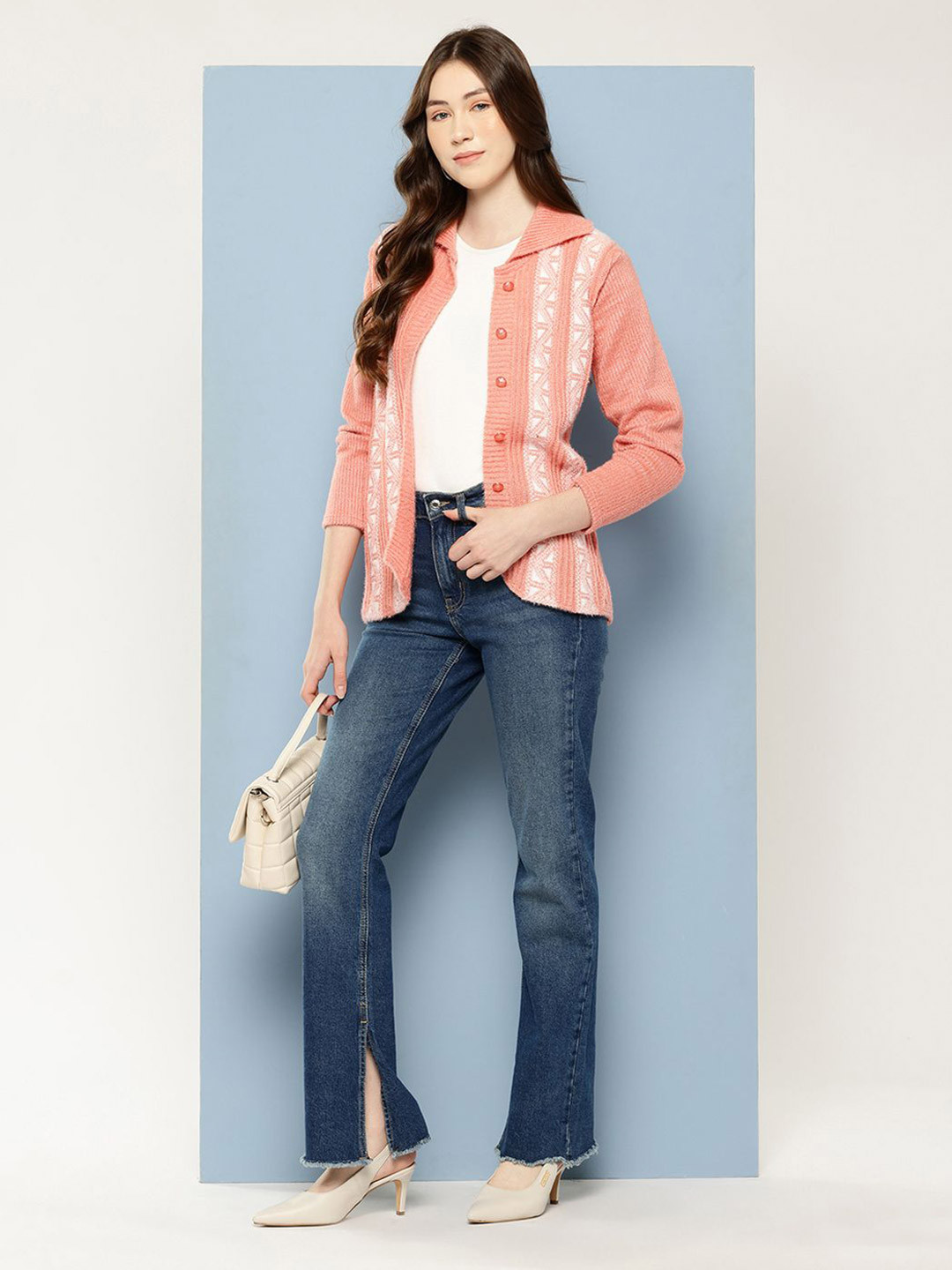 BAESD Women Geometric Self Design Shirt Collar Full Sleeve Woollen Regular Cardigan