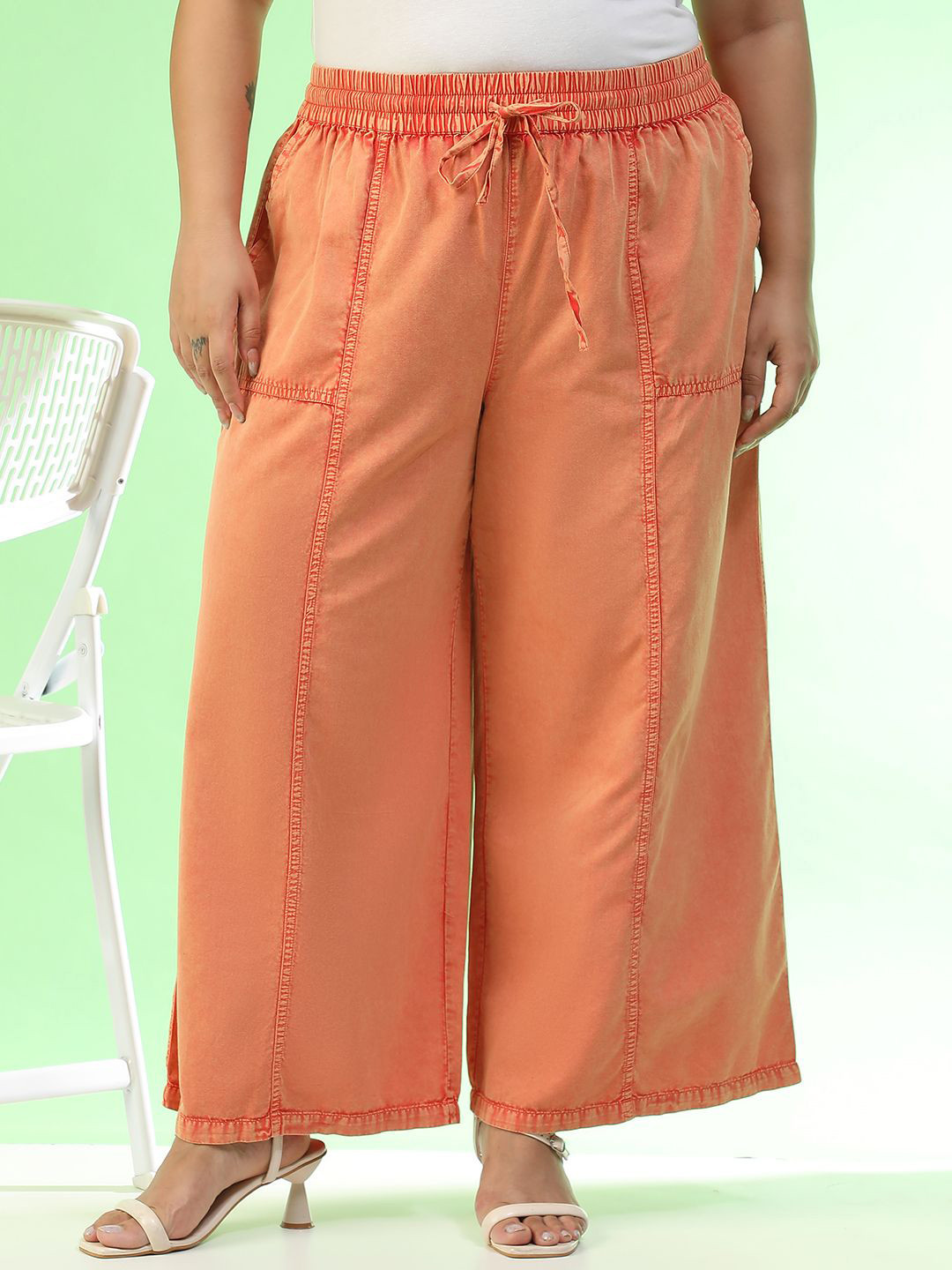Oxolloxo Women Relaxed Plus Size Relaxed Fit Cotton Regular Trousers
