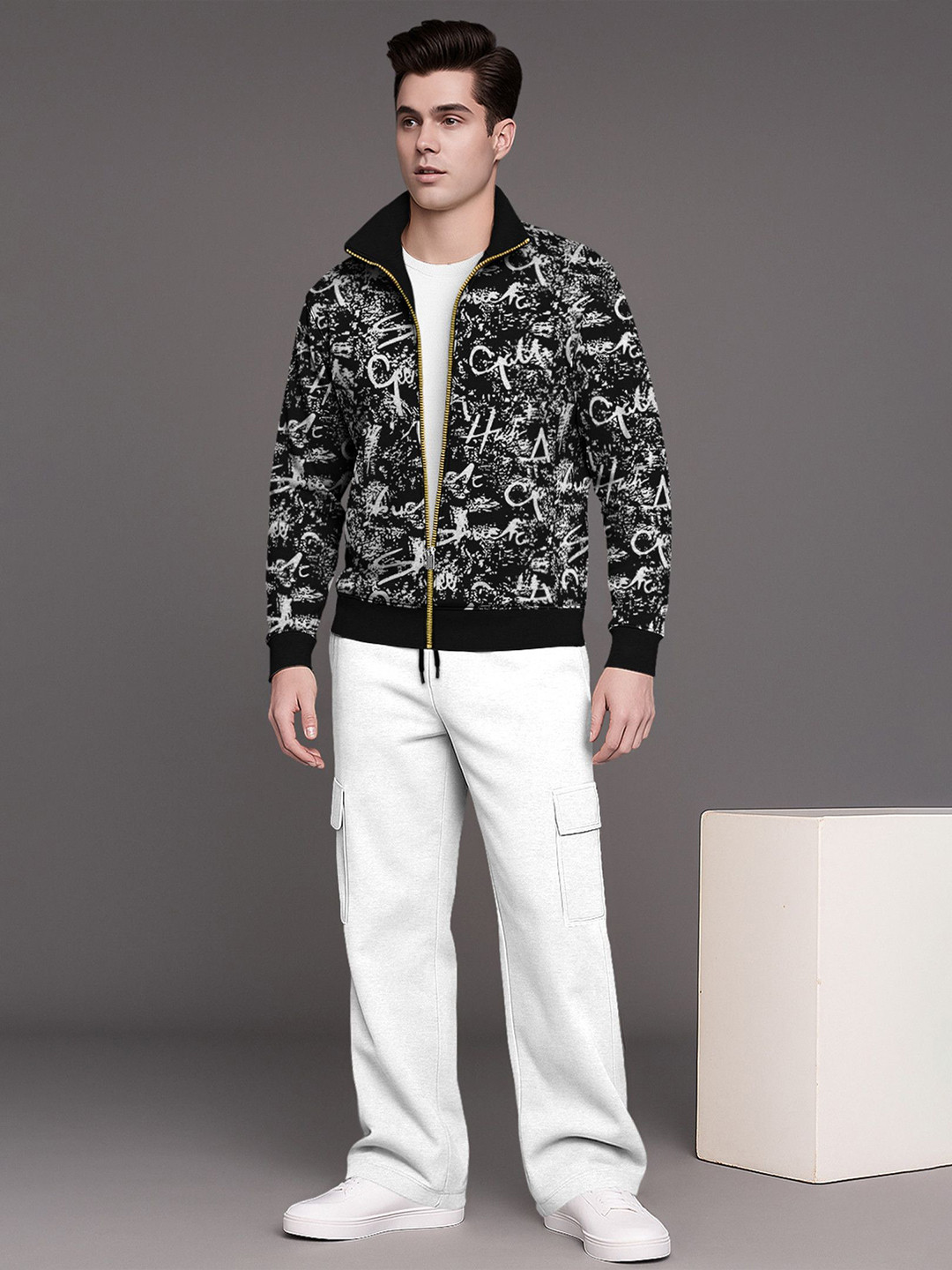 TRIPR Men High-Neck Long Sleeve Jacket With Cargo Co-Ords