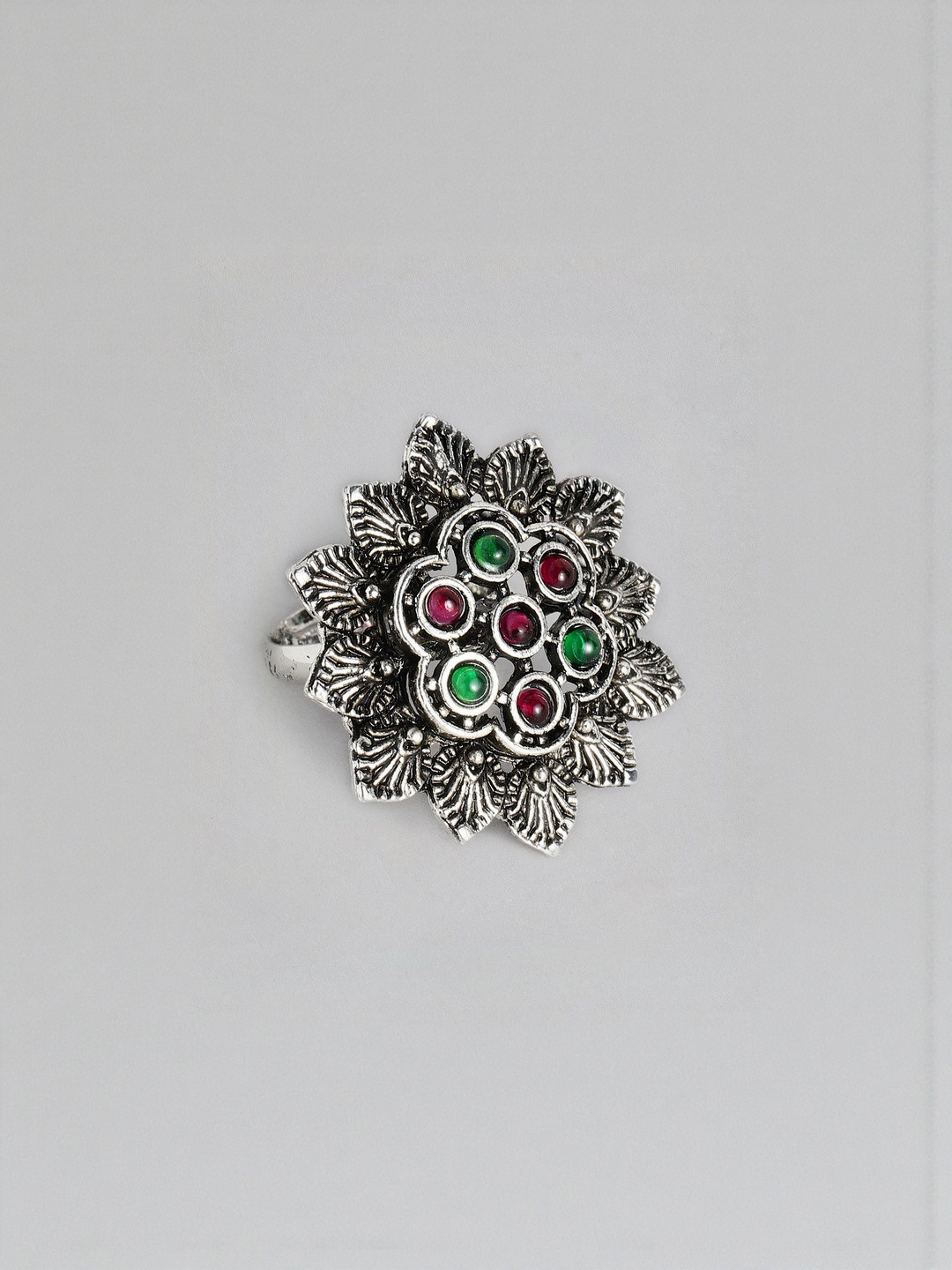 Anxvi Boho Chic Oxidised Silver-Plated Pink & Green Stones  Adjustable Finger Ring