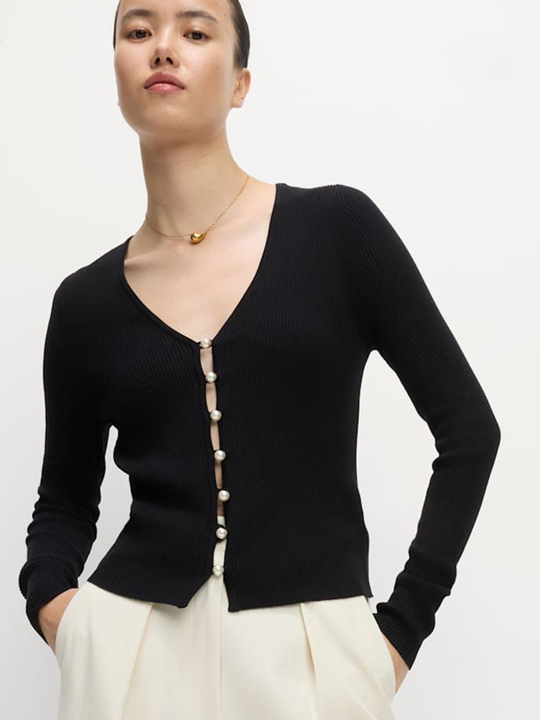 Marks & Spencer Women Ribbed V-Neck Button Front Cardigan