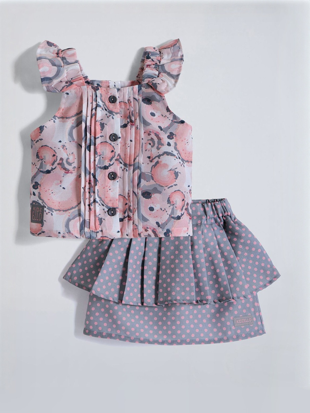 Hopscotch Girls Pure Cotton Printed Square Neck Skirt & Skirt Clothing Set