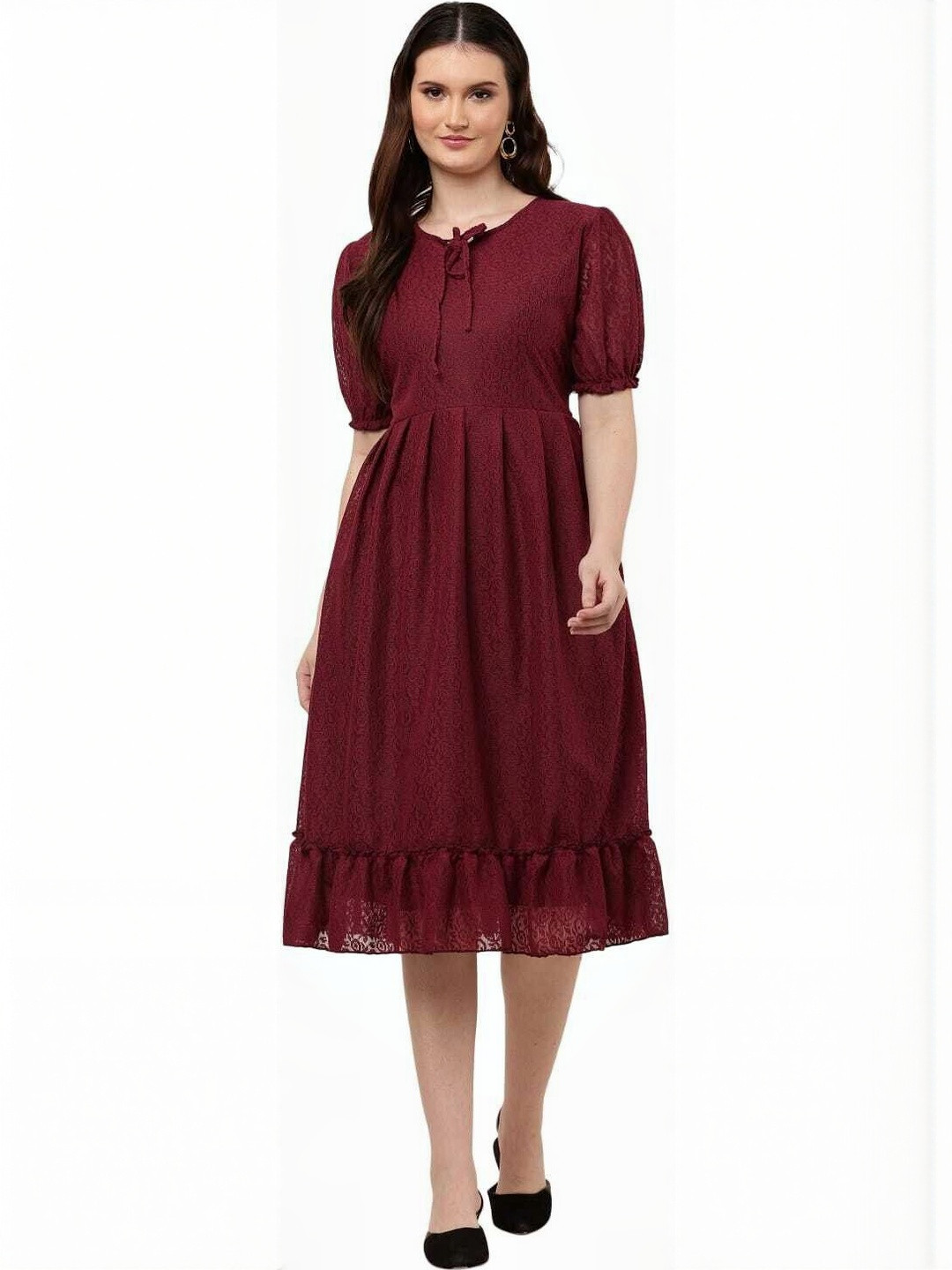 vashist Georgette Tie-Up Neck Puff Sleeve Ruffled Fit & Flare Midi Dress
