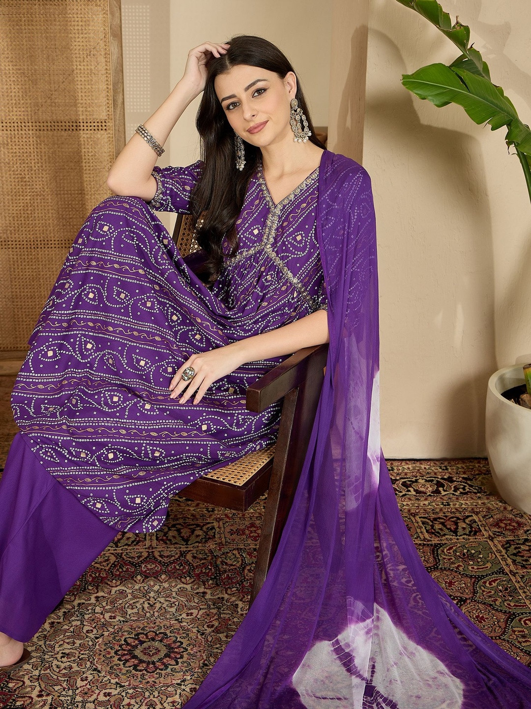 Sangria Bandhani Printed Gotta Patti Alia Cut Kurta With Palazzos & Dupatta