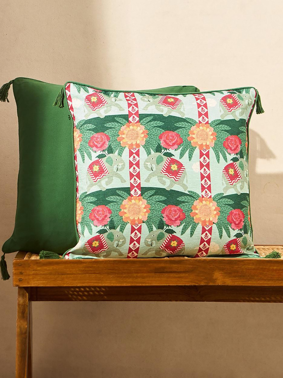 Chumbak Green & Red Palace Memoirs Cotton Rani Bagh Cushion Cover