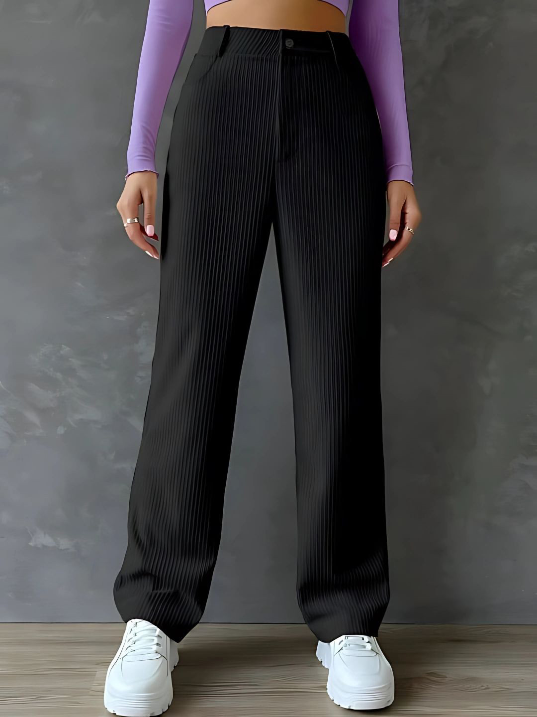GIBBONTE Women Solid Relaxed High-Rise Trousers