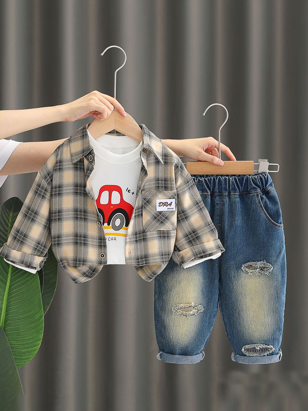 StyleCast x Revolte Boys Checked Pure Cotton T-shirt and Shirt with Distressed Jeans