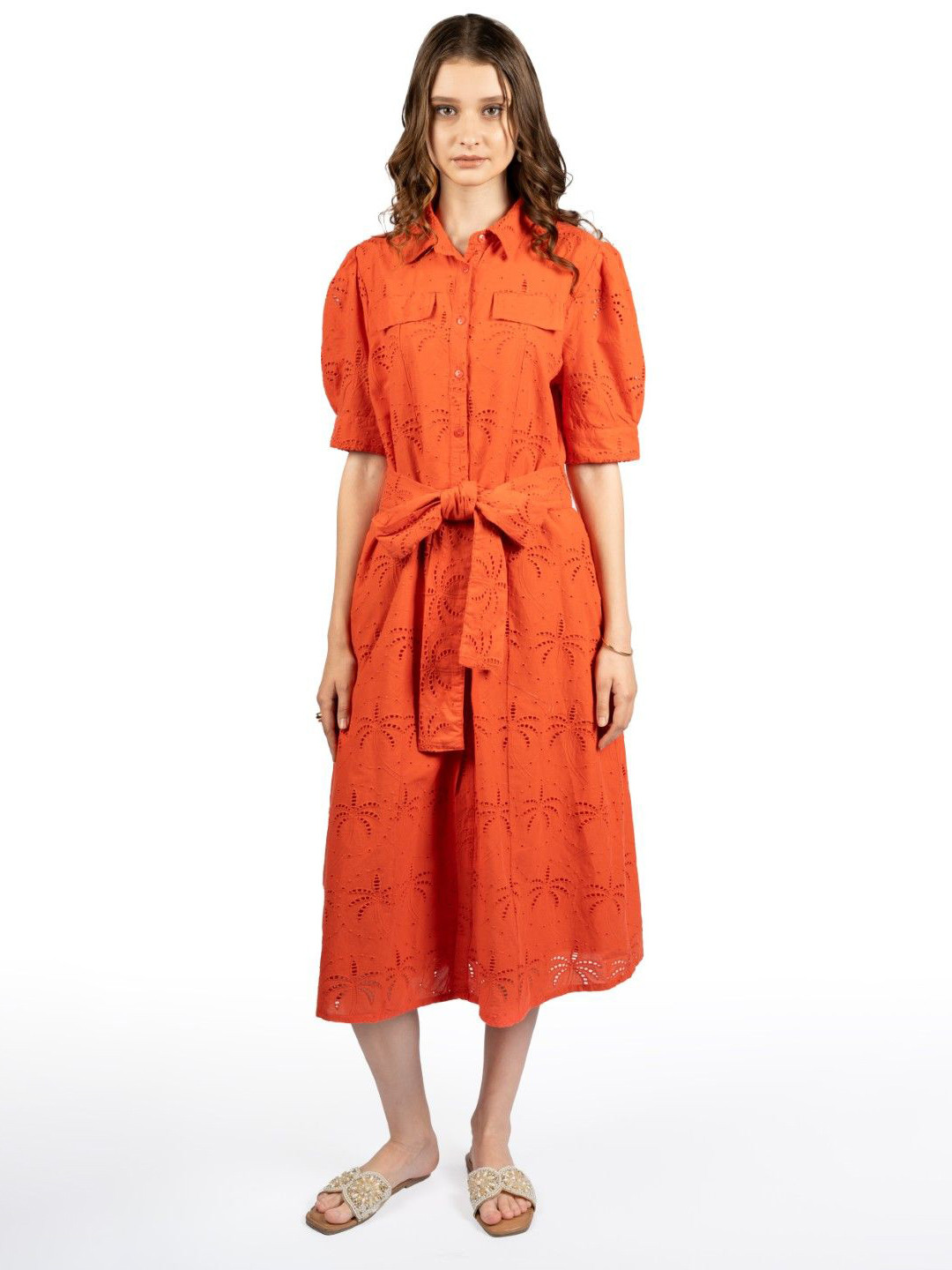 CORY EDGE Puff Sleeves Schiffli Shirt Midi Dress