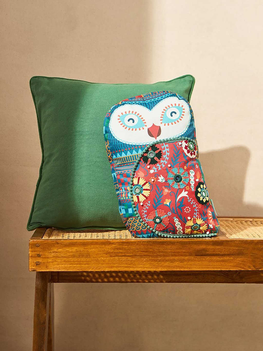 Chumbak Blue & Red Royal Hoot Owl Printed Cushion