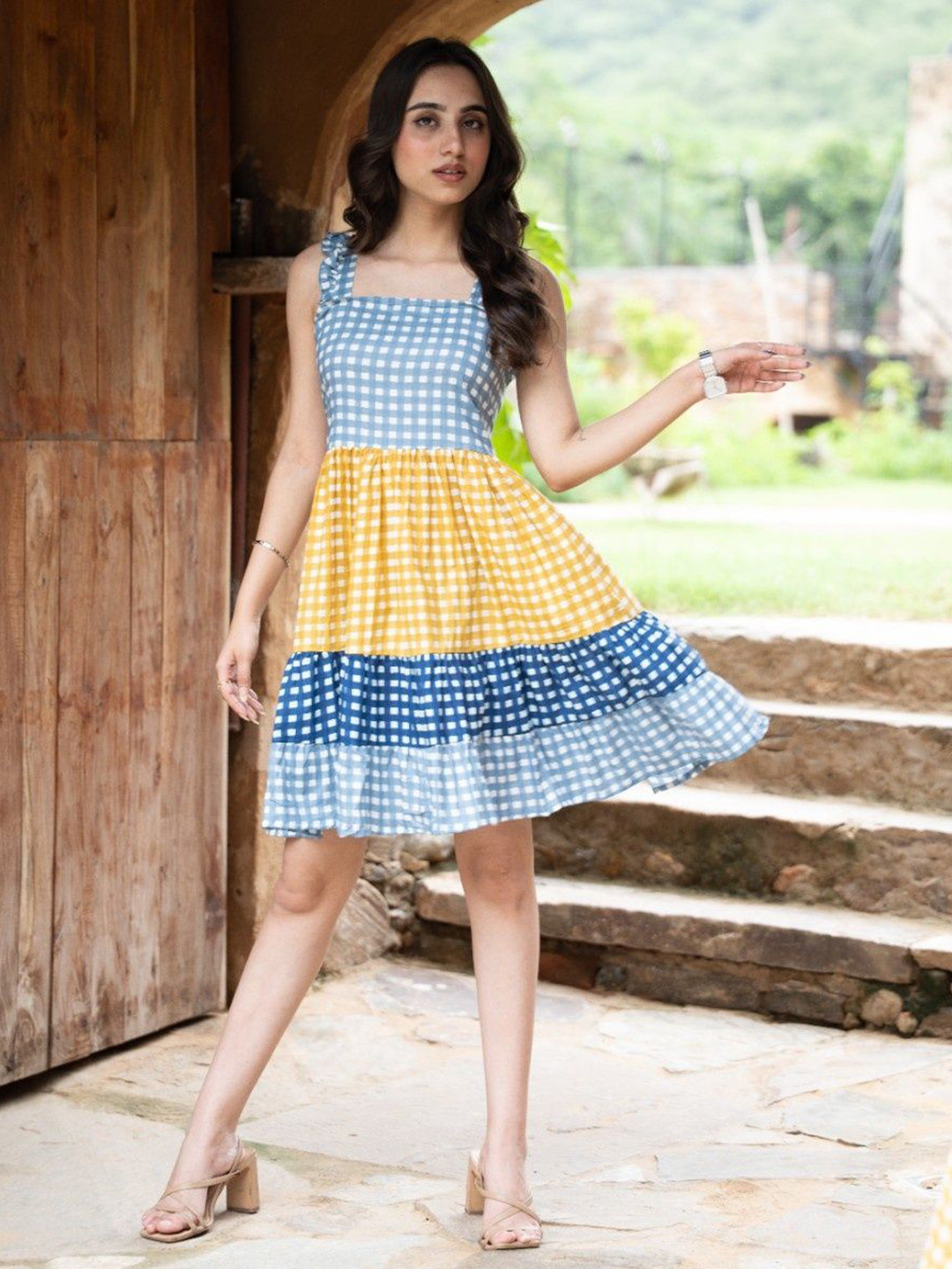 Satnam Handicrafts Women Checked Cotton Fit & Flare Dress