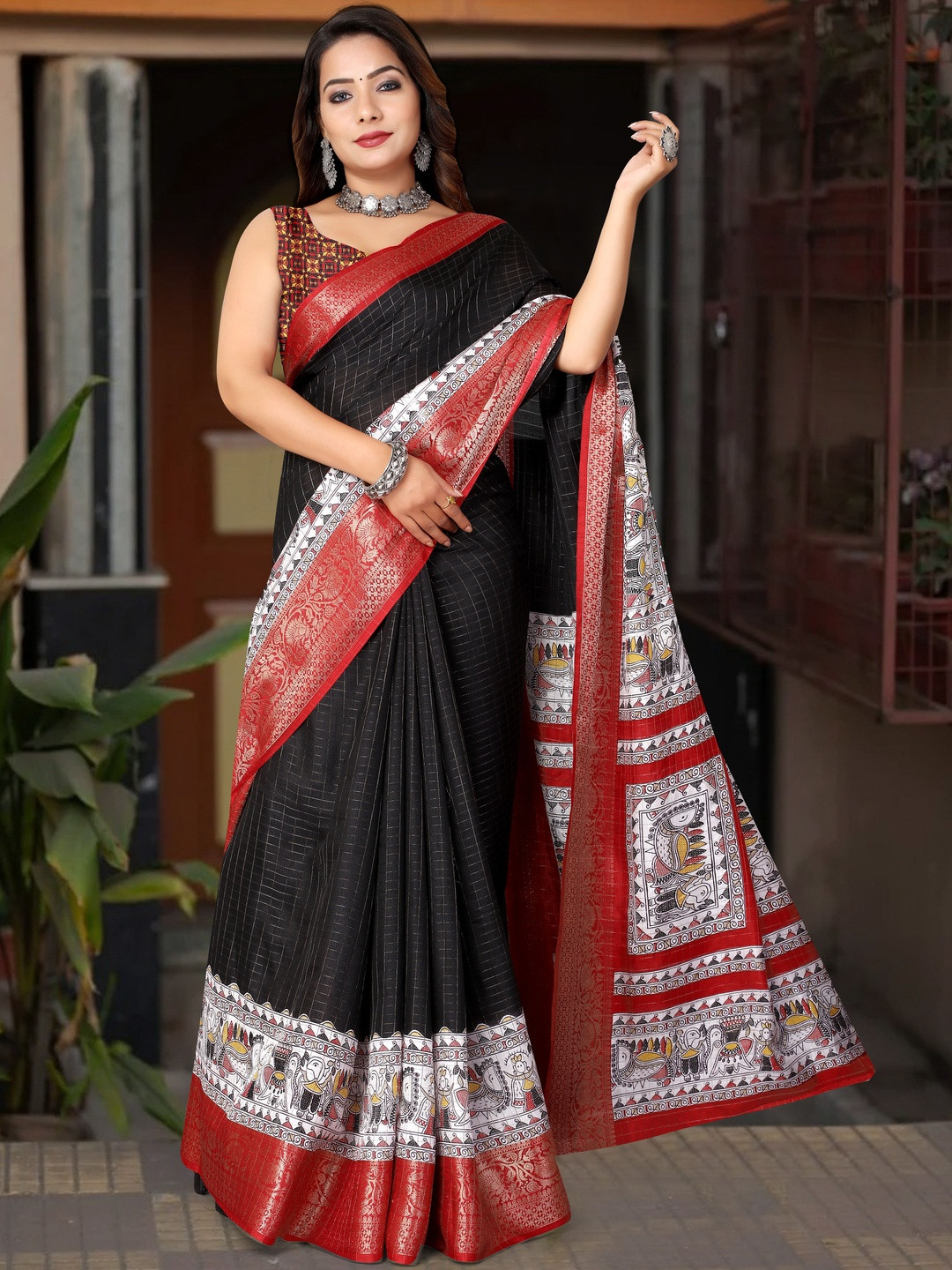 J 6 DESIGNER Madhubani Printed Zari Saree
