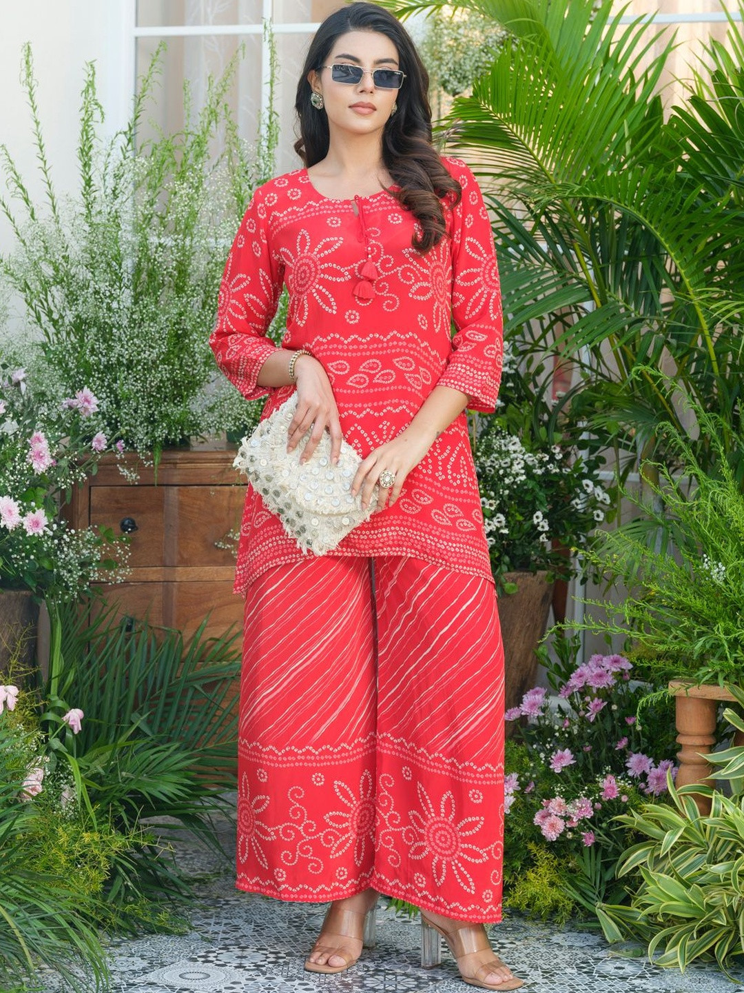 Red Natural Crepe Handwork Kurta with Palazzo Co-ord Set