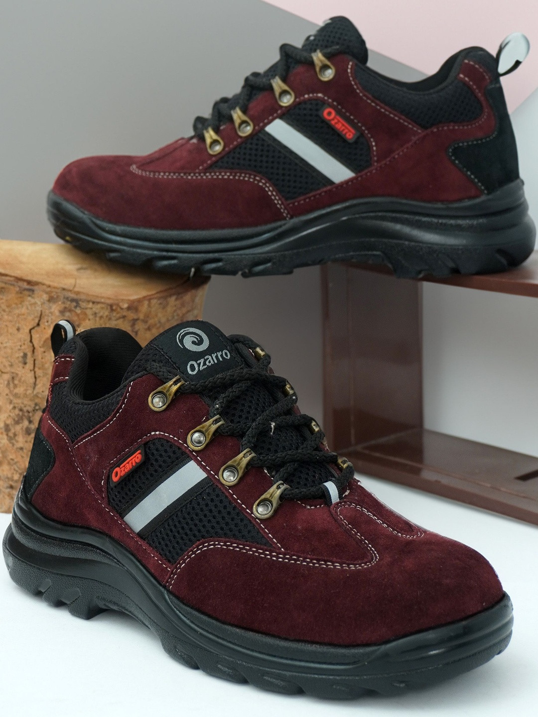 Ozarro Men Red Textured Suede Steel Toe Safety Shoes