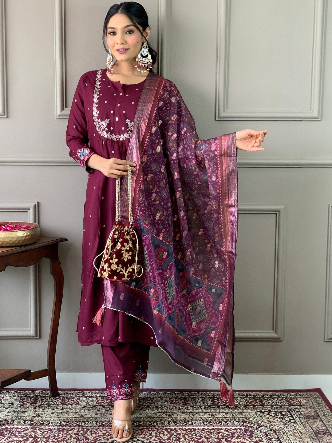 Women's Burgundy Embroidered Viscose Chanderi Kurta with Trousers & Jacquard Dupatta
