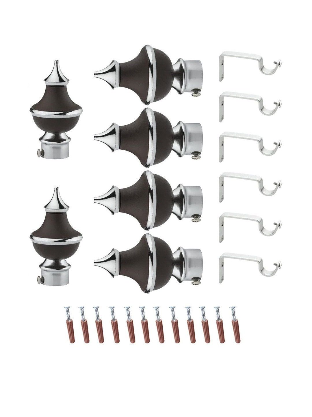 GLOXY Pair of 3 Brown & Silver Metal Curtain Rods & Brackets