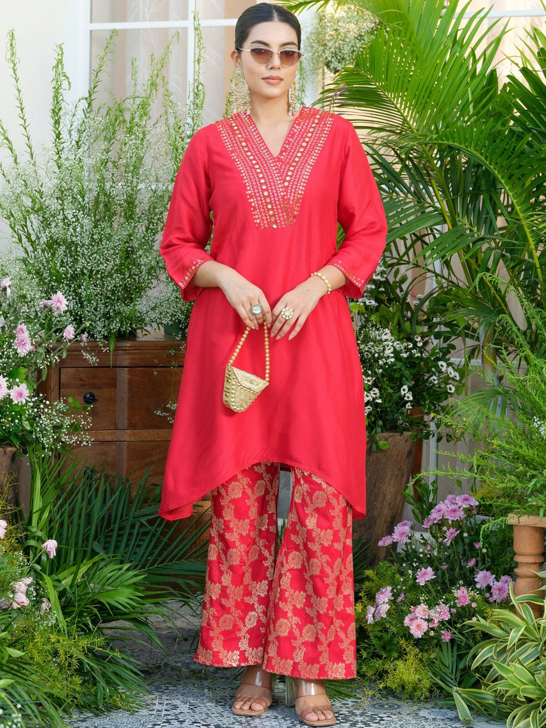 House of Pataudi  Embroidered V-Neck Tunic with Woven Design Trousers Co-Ords