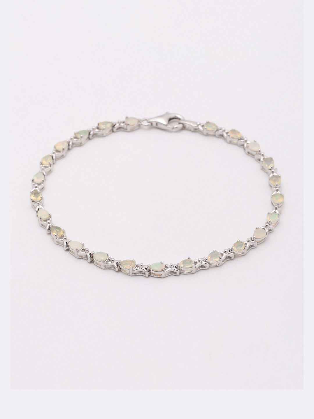 Exotic India Women Sterling Silver Teardrop Shape Faceted Ethiopian Opal Link Bracelet