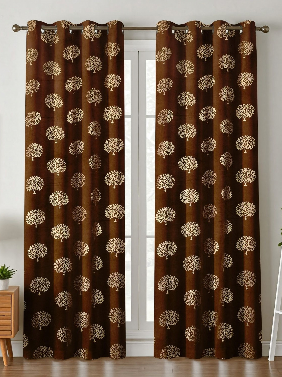 Kiara Creations 2 Pieces Brown & Gold-Toned Tree Darkening Velvet Long Door Curtains