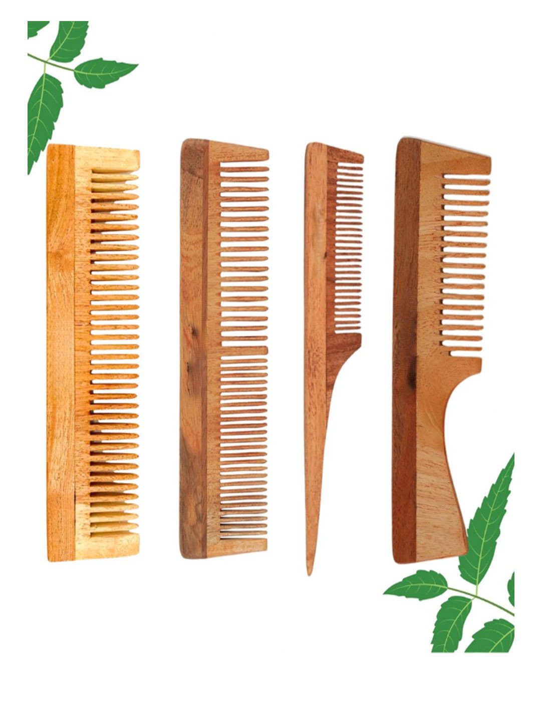 YUVISHNATURALS Set Of 4 Natural Neem Wooden Comb For Hair Growth