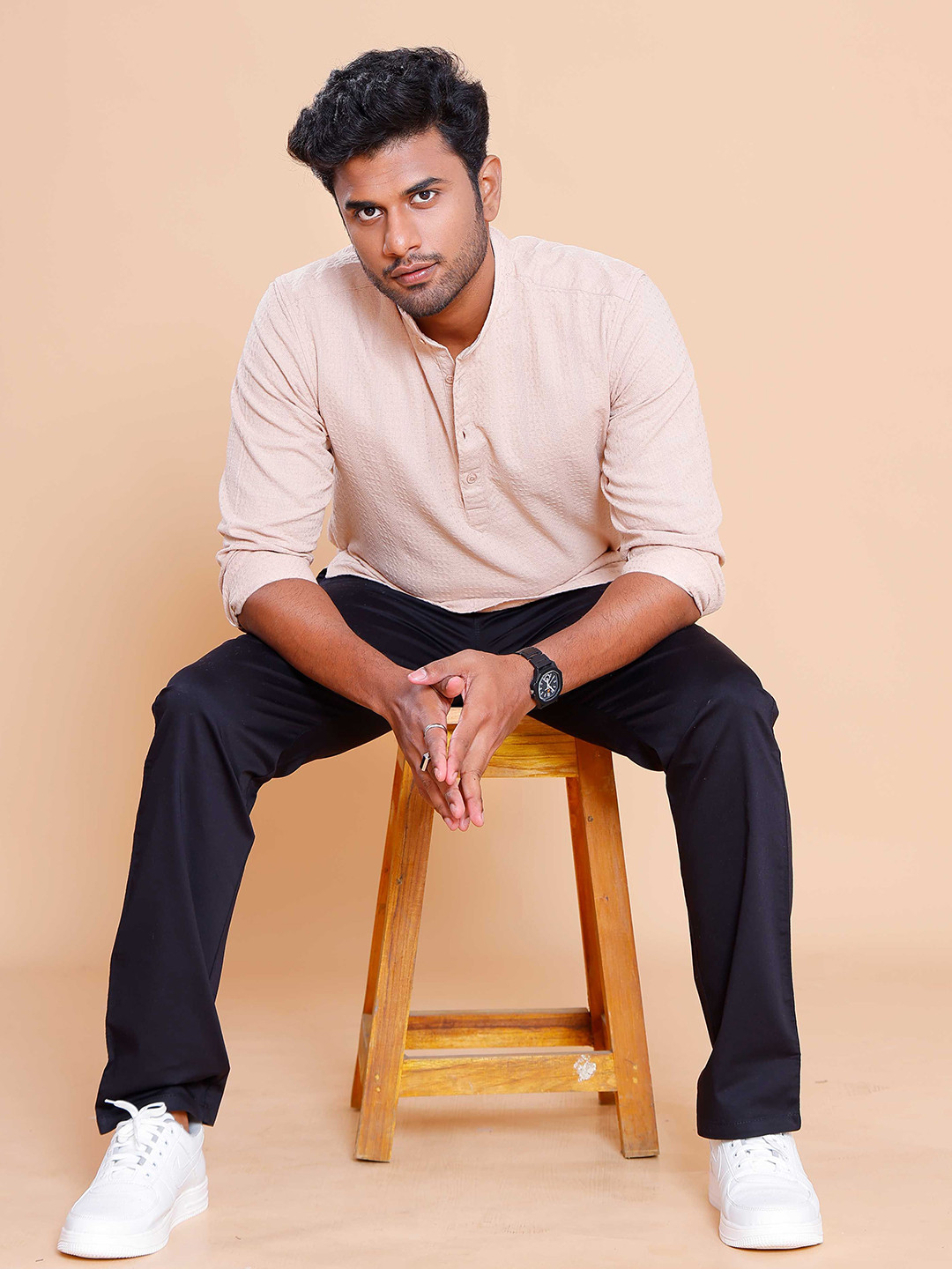 Native Bull Classic Textured Band Collar Cotton Shirt