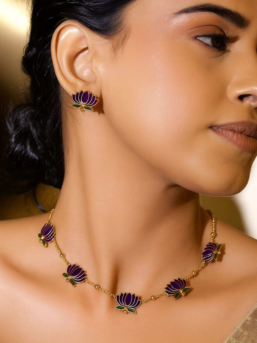 Anouk Purple Lotus Motif 18 K Gold-Plated Neckalce & Earring