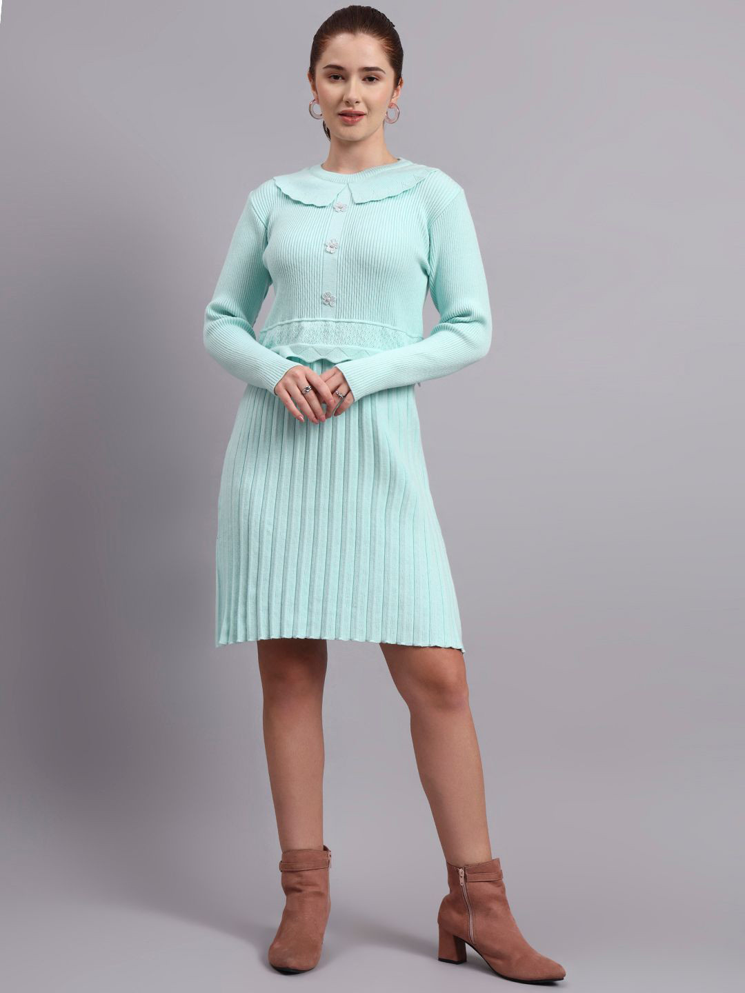 MODKLINE WITH MK Women Peter Pan Collar Ruffled Woollen Sheath Dress