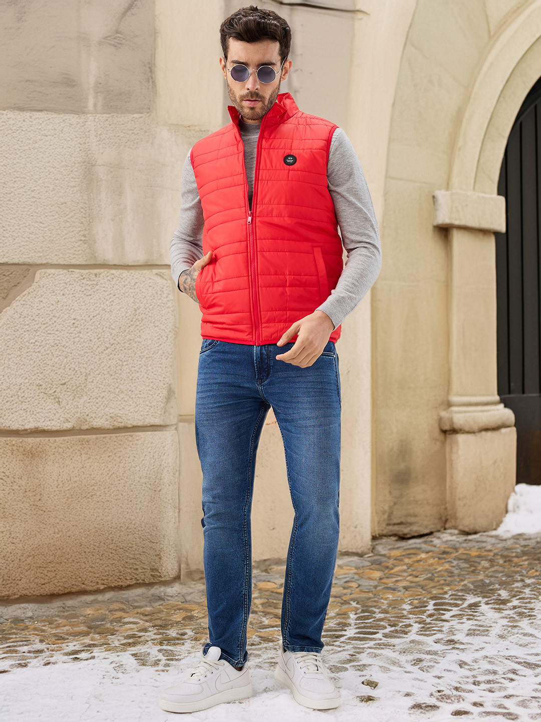 Status Quo Men Stand Collar Self Design Lightweight Gilet Jacket