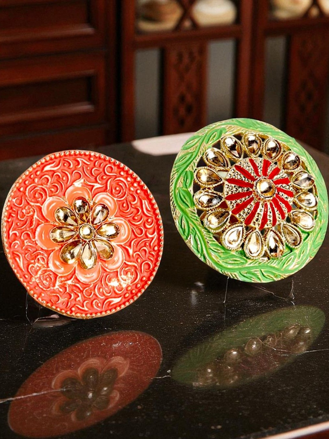 Anxvi Set Of 2 Gold Finish Minakari Kundan Adjustable Finger Rings