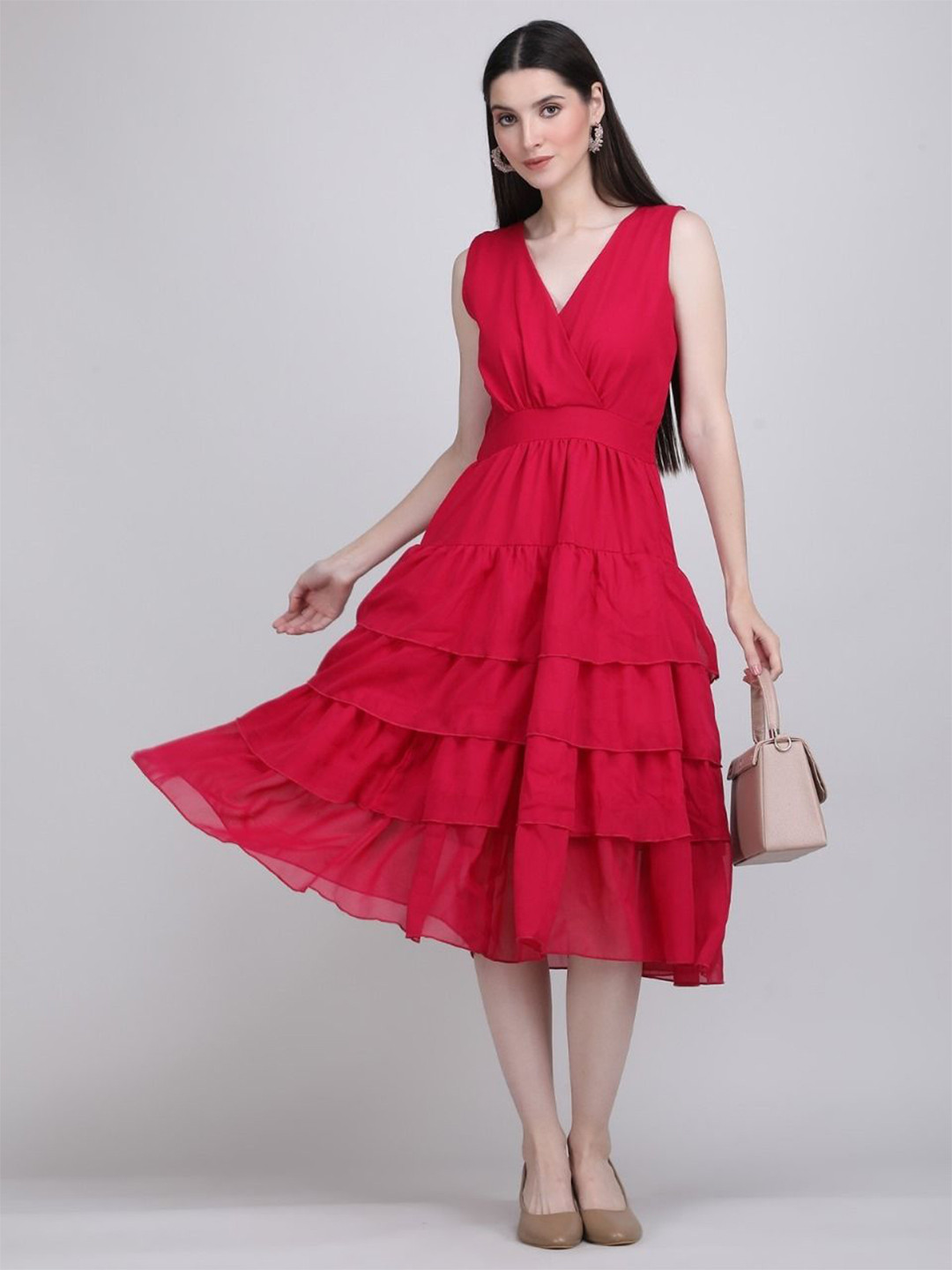 THE BEHRUZ THEORY Solid Ruffles Fit & Flare Midi Dress