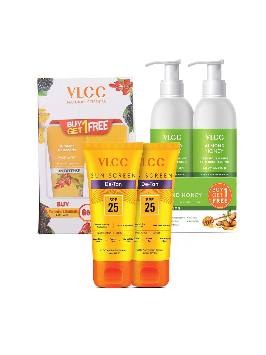 VLCC 2Pcs SPF 25 Sunscreen + 2Pcs Almond Body Lotion + 2Pcs Turmeric & Berberis Face Wash