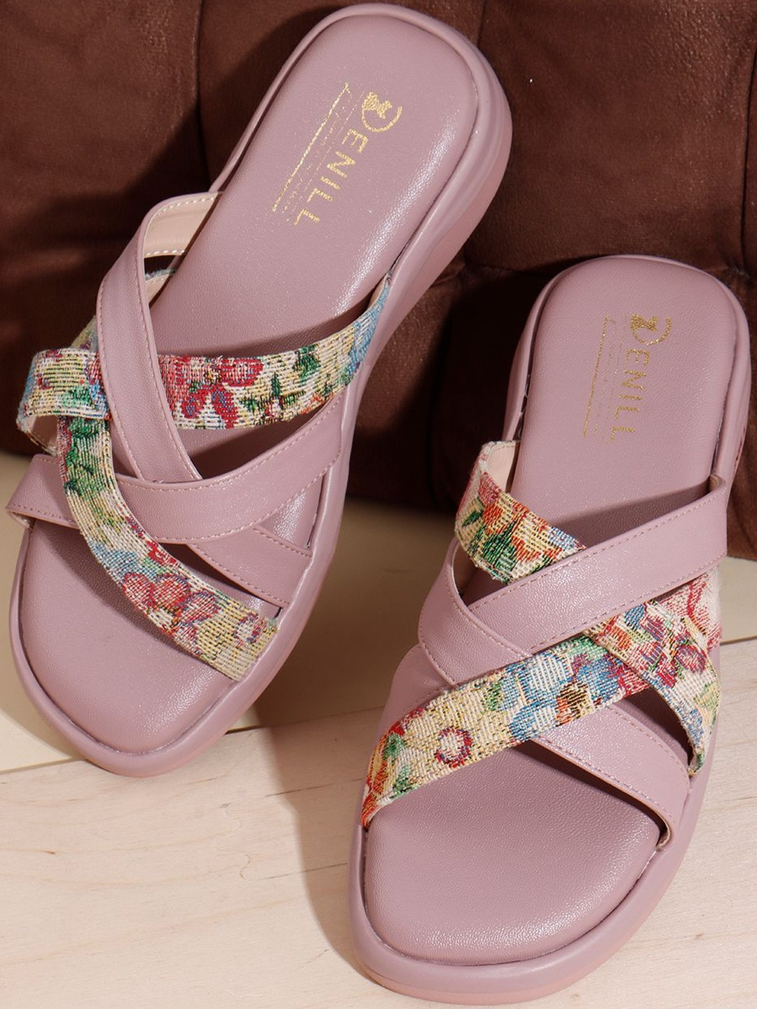 Denill Women Peach Synthetic Dual-Tone Crisscross Straps Textured Comfort Flats