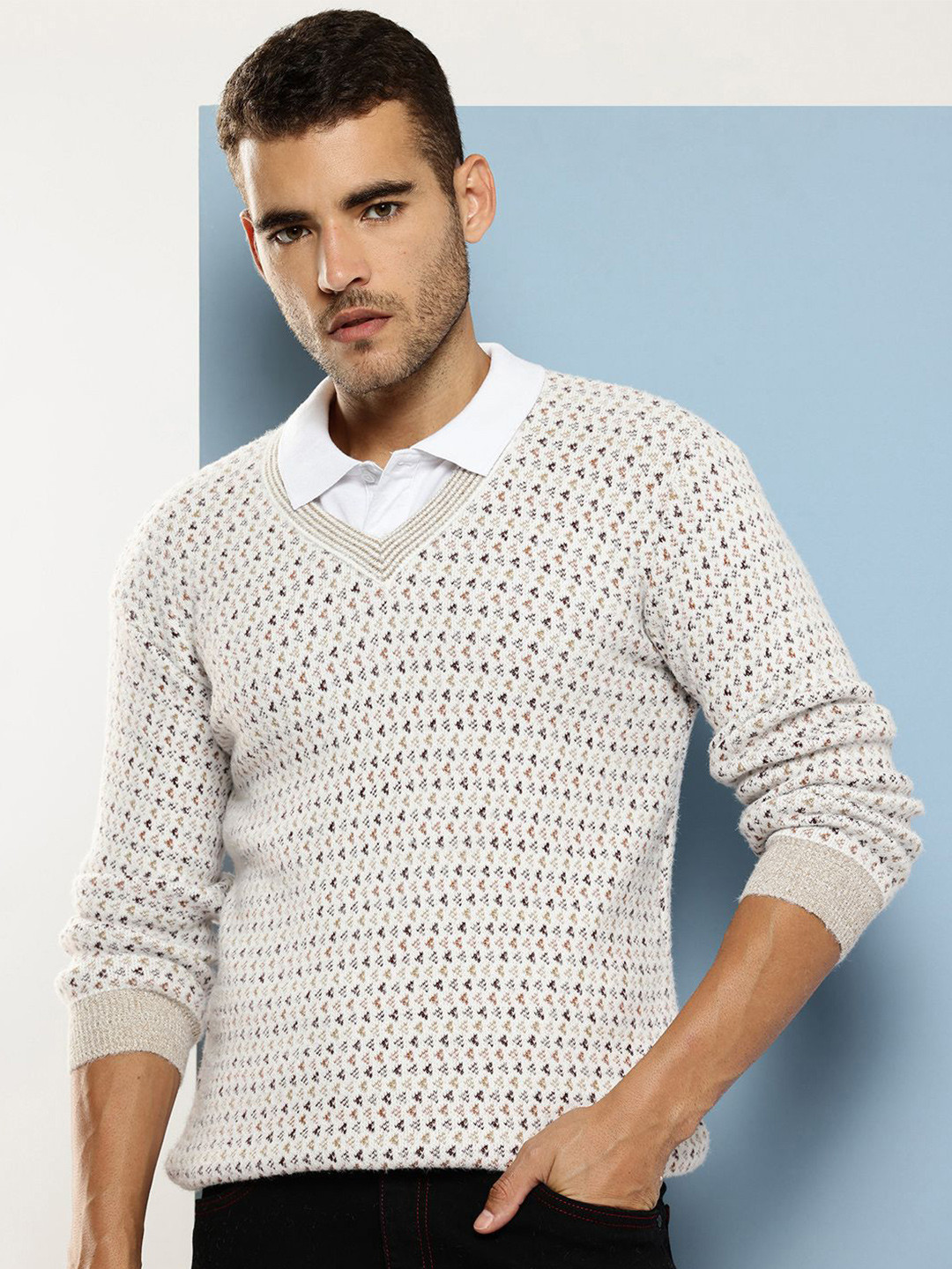 BAESD Men Ethnic Motifs Printed V-Neck Woollen Pullover