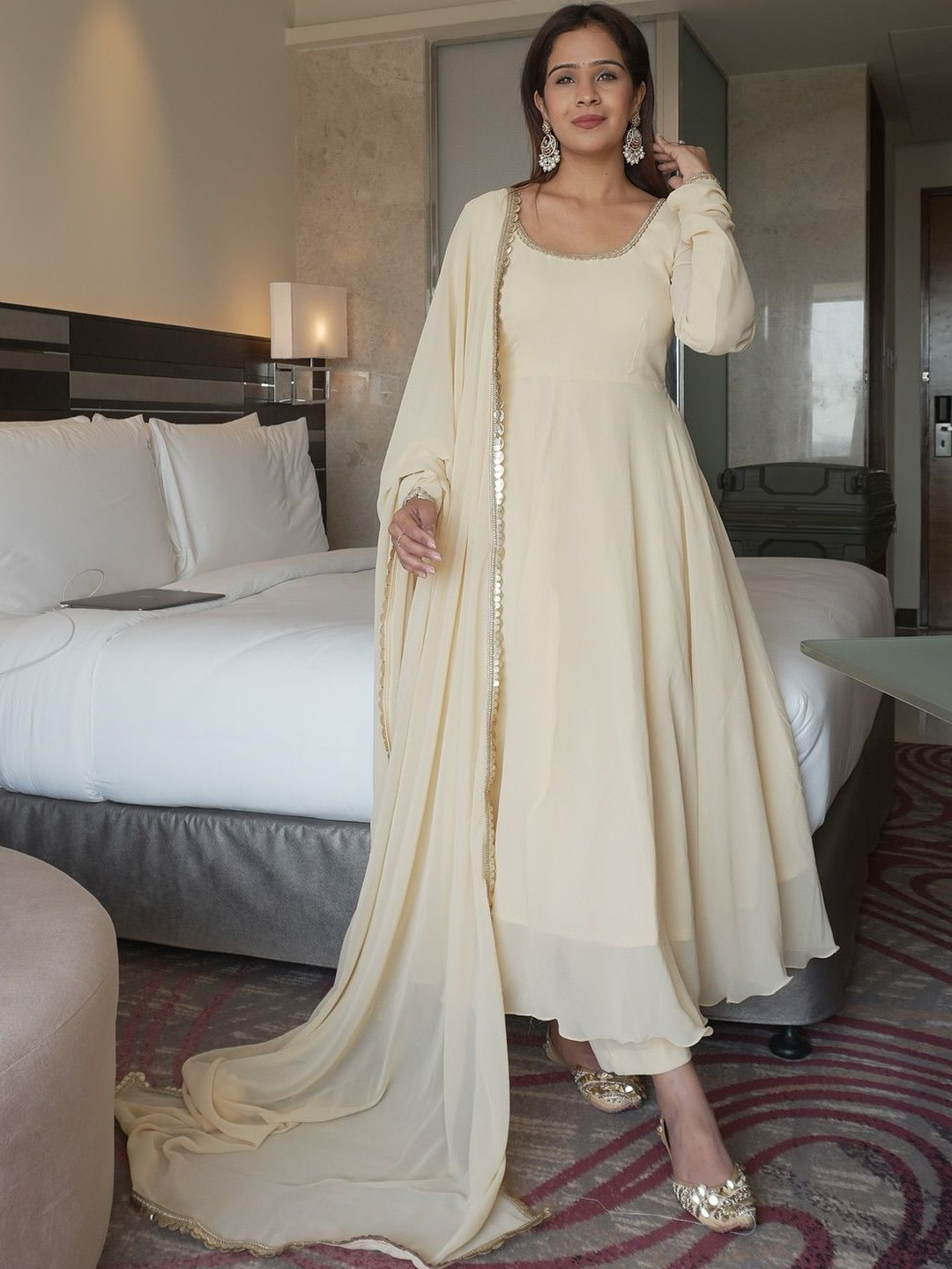 ATOXIC Embroidered Round Neck Tiered Sequinned Anarkali Kurta With Churidar & Dupatta