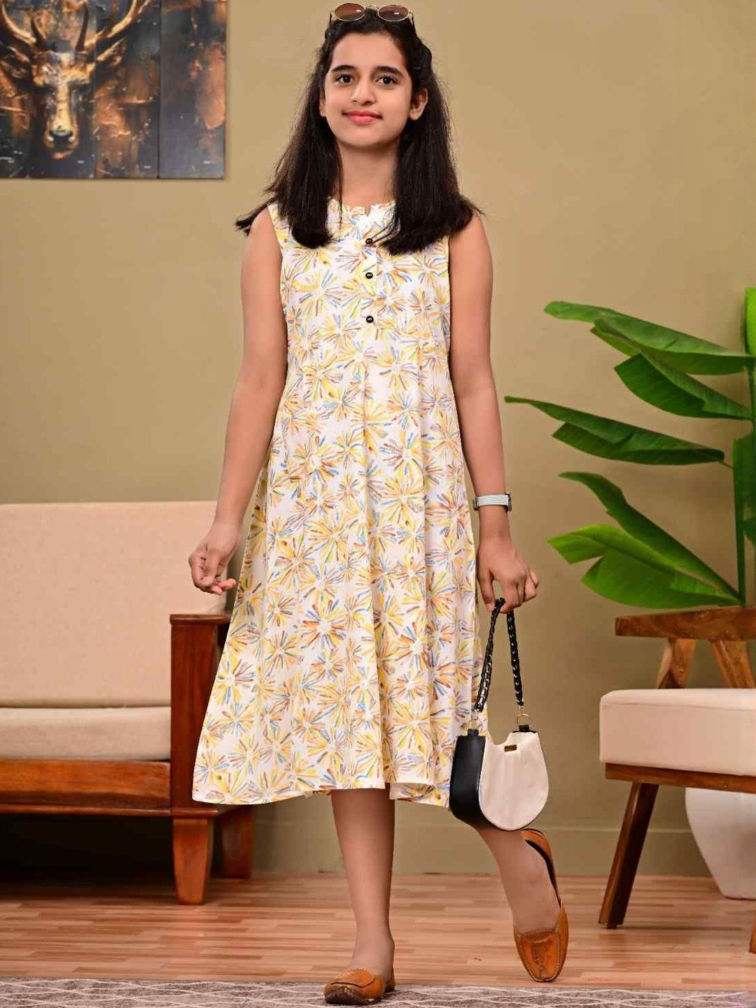 DMP EXPORT Girls Floral Print Fit & Flare Midi Dress